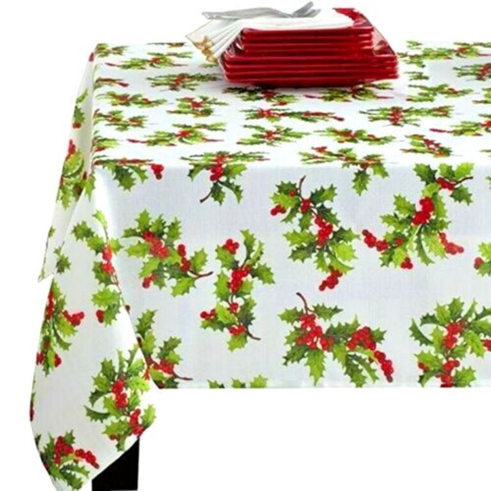 Christmas Winter Berries Holly Tablecloth 52x70 Jacquard Textured Printed